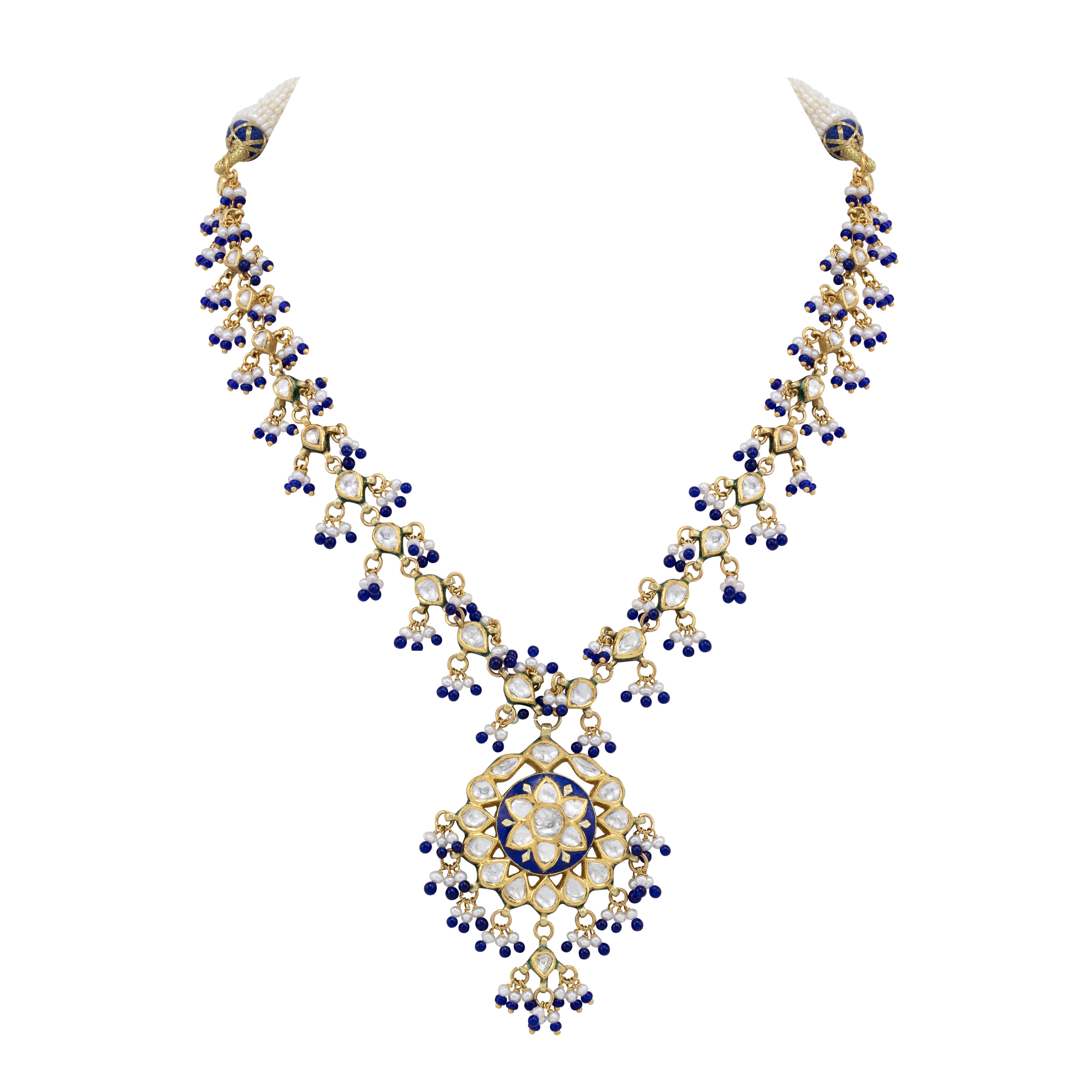 Blue Enamel Polki Necklace with Pearl and Bead Accents